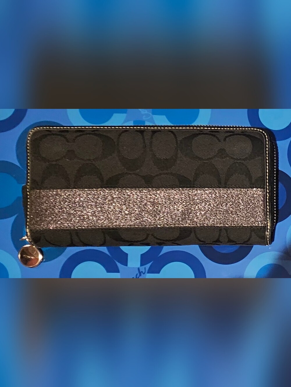 Coach Legacy Black Signature Zip Wallet with Metallic Stripe